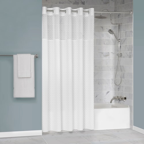 Protect360° Checkerboard Shower Curtain, Snap-in Liner, Hook Free, Antimicrobial, 71x77, White